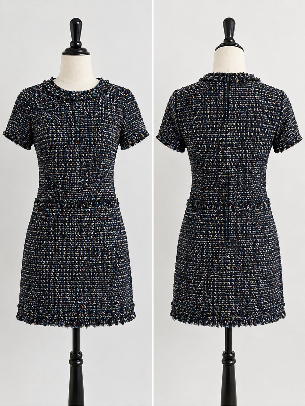 NWT Eliza J Size 8 Sequin Tweed Fringe Sheath Dress Navy Multicolor